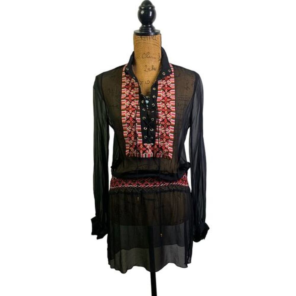 HAUTE HIPPIE Blouse Tunic Sheer Swim Cover Up Embroidered Smocked Waist Small